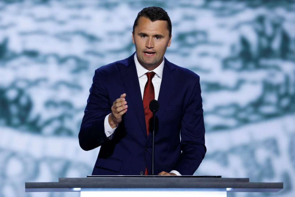 MILWAUKEE, WISCONSIN - JULY 15: CEO of Turning Point USA Charlie Kirk speaks on stage on the first day of the Republican National Convention at the Fiserv Forum on July 15, 2024 in Milwaukee, Wisconsin. Delegates, politicians, and the Republican faithful are in Milwaukee for the annual convention, concluding with former President Donald Trump accepting his party's presidential nomination. The RNC takes place from July 15-18. (Photo by Chip Somodevilla/Getty Images)