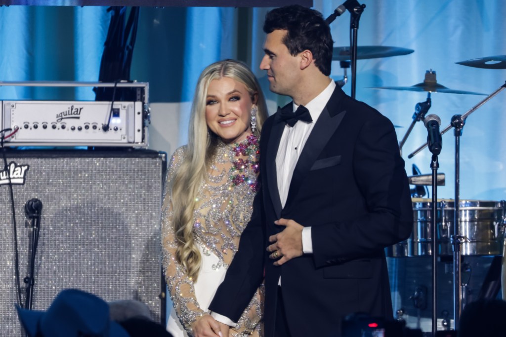 WASHINGTON, DC - JANUARY 19: Charlie Kirk (R) and and his wife Erika Lane Frantzve (L) on stage during the Turning Point USA Inaugural-Eve Ball at the Salamander Hotel on January 19, 2025 in Washington, DC. (Photo by Samuel Corum/Getty Images) *** Local Caption *** Erika Lane Frantzve ; Charlie Kirk;