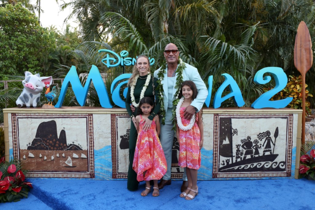 KAPOLEI, HAWAII - NOVEMBER 21: (L-R) Lauren Hashian, Tiana Johnson, Dwayne Johnson and Jasmine Johnson attend the World Premiere of Walt Disney Animation Studios' "Moana 2" in Kapolei, Hawaii on November 21, 2024. (Photo by Rodin Eckenroth/Getty Images for Disney)