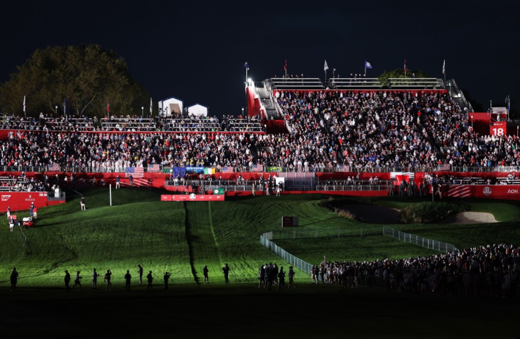 FARMINGDALE, NEW YORK - SEPTEMBER 26: Fans gather in the first tee grandstand prior to the Friday morning foursomes matches of the 2025 Ryder Cup at Black Course at Bethpage State Park Golf Course on September 26, 2025 in Farmingdale, New York. (Photo by Richard Heathcote/Getty Images)