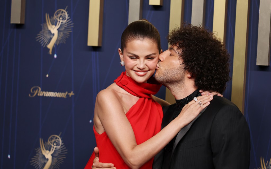 Los Angeles, CA September 14, 2025 Selena Gomez and Benny Blanco on the red carpet at the 77th Primetime Emmy Awards at the Peacock Theater in Los Angeles, CA, Sunday, Sept. 14, 2025. (Allen J. Schaben / Los Angeles Times via Getty Images)
