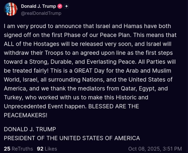 World leaders hopeful after Trump announces Israel Hamas peace deal phase