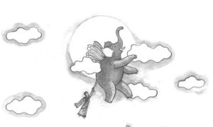 A rainbow winged elephant carries a weaver towards a destiny spun