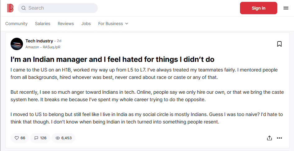 The Blind post by an anonymous user describing hardships of libving in the US on H-1B visa