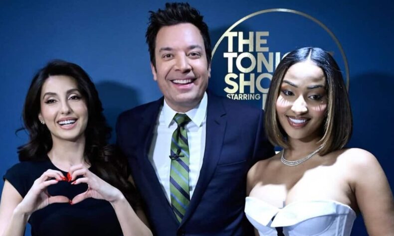 Nora Fatehi poses with Jimmy Fallon as she makes her
